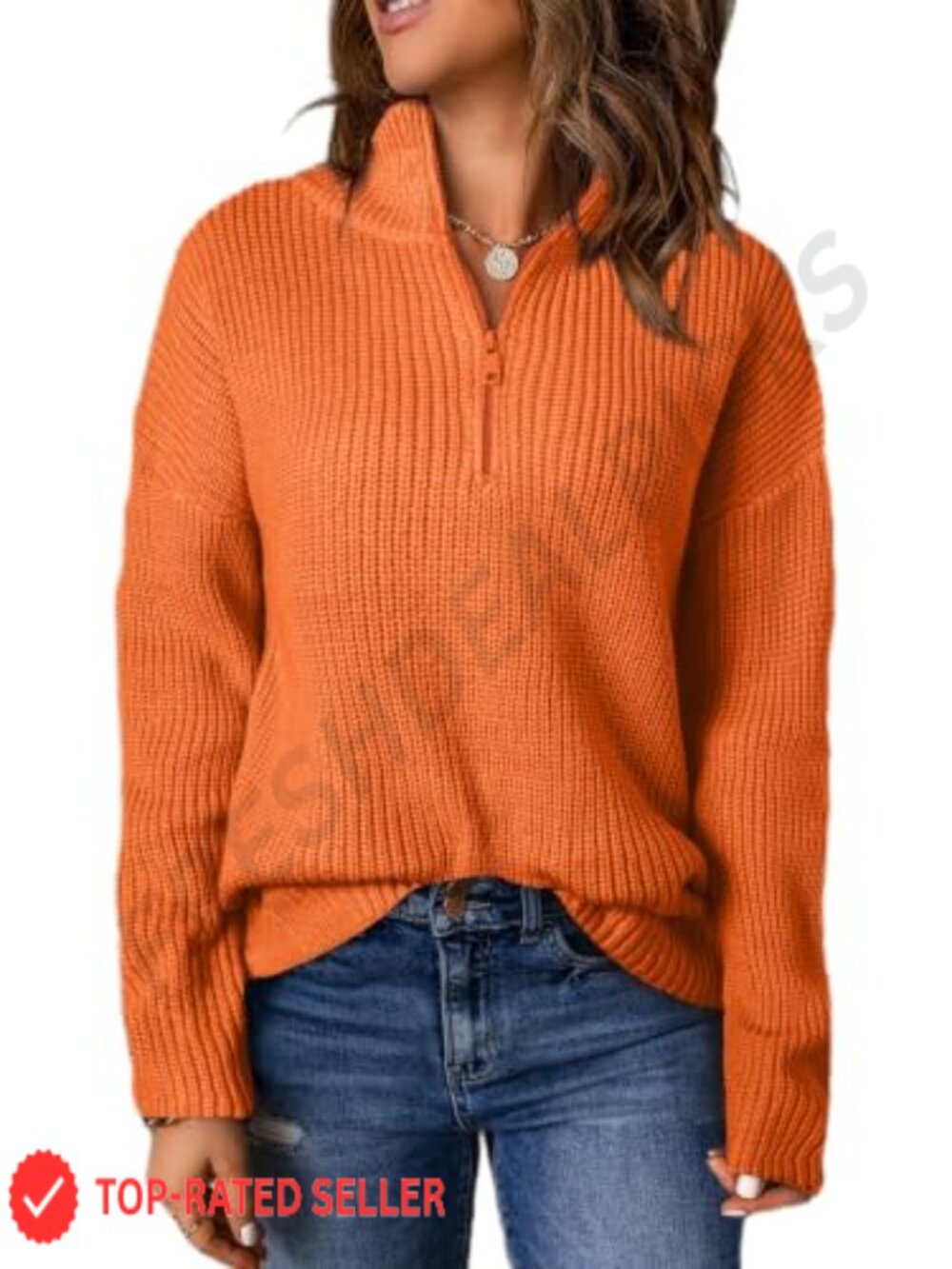 Women's Quarter Zip V-Neck Pullover Sweater Long Sleeve Casual Fall Winter Knit